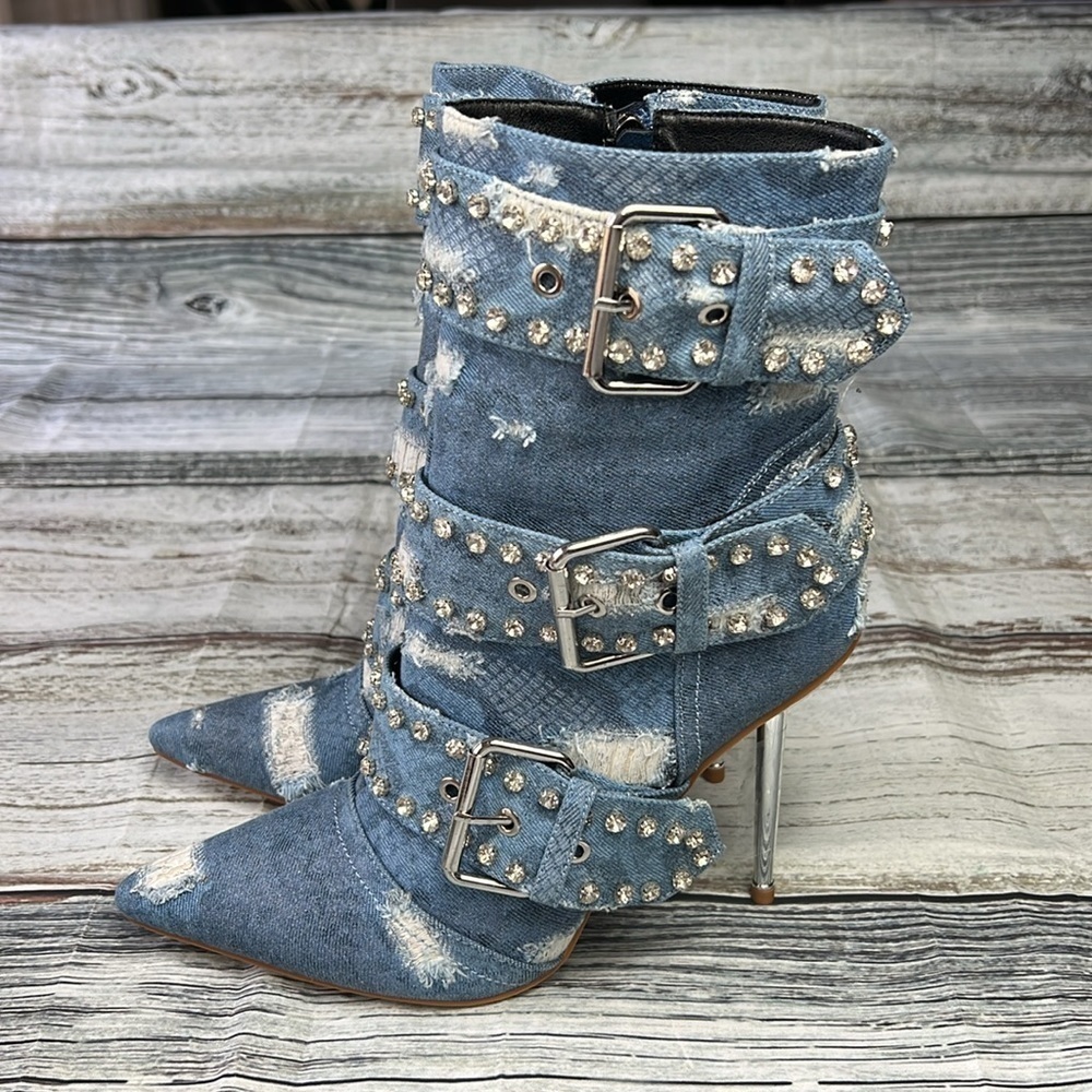 OMINE Women’s Distressed Jean Boots with Buckles, Rhinestone’s and Zipper Size 9 - Picture 2 of 9